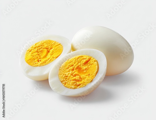 Two halved hard-boiled eggs and one whole egg rest on a white background, showcasing their creamy white exterior and vibrant yellow yolks