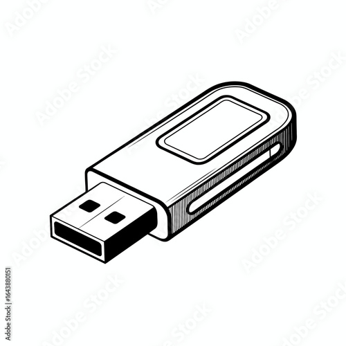 Hand drawn USB flash drive illustration data storage device connectivity technology digital memory stick in black and white line art vector graphics
