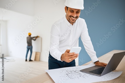 Smiling Architect Using Mobile Phone With Laptop and Blueprints on Construction Site