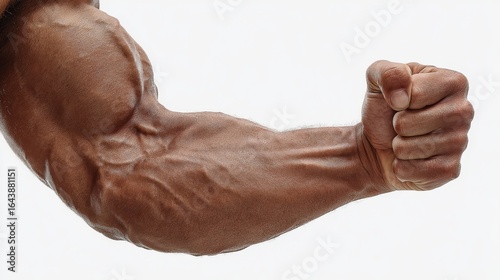 Muscular male arm flexing with clenched fist on white background close-up.