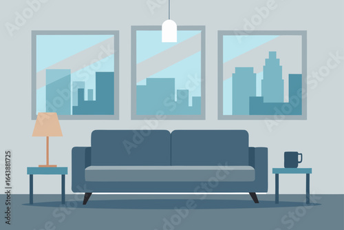Living room interior with sofa and city paintings