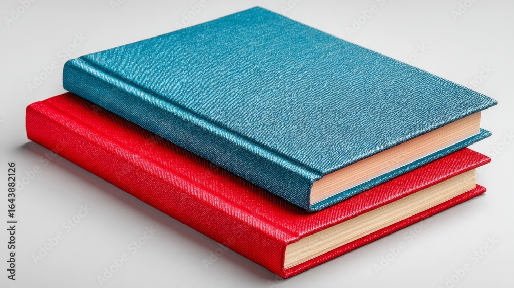 Fototapeta premium Two textured hardcover books with fabric covers on neutral background.