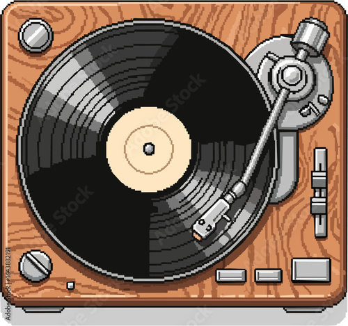 Pixel art illustration of a vintage record player with a vinyl record spinning on a wooden turntable.