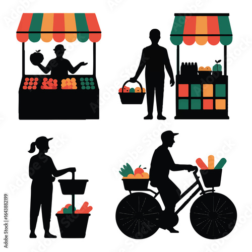 Vector art of people shopping at an outdoor market stall with fresh produce and fruits, including a person on a bicycle
