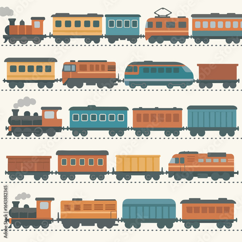 Seamless Flat Design Various Train Wagons and Locomotives Transport Illustration