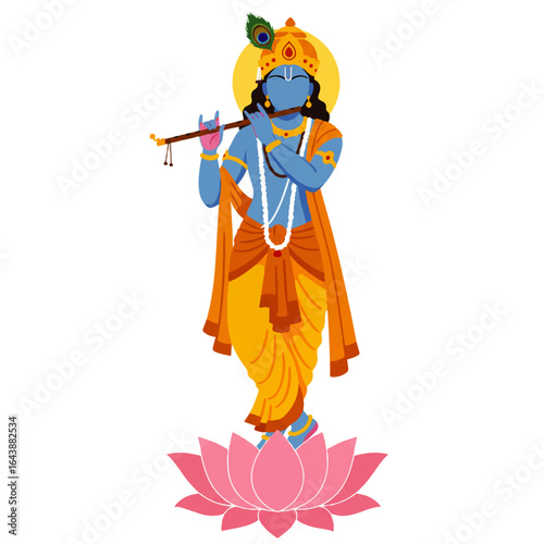 Illustration of Lord Krishna playing a flute on a lotus flower on Janmashtami with vibrant colors