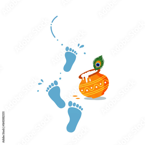 Illustration of blue footprints leading to an orange pot with a peacock feather on Janmashtami