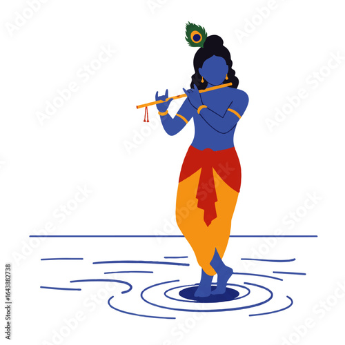 Illustration of Lord Krishna playing flute on water for Janmashtami celebration with blue and orange tones.