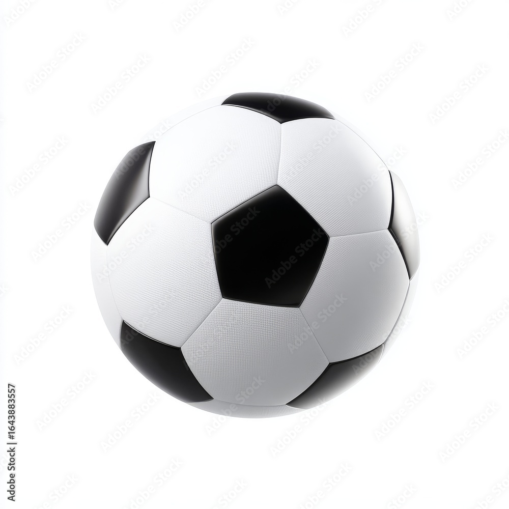 Obraz premium A classic black and white soccer ball sits against a plain background. This image captures the essence of sports and teamwork. Perfect for sports-themed designs or articles. AI