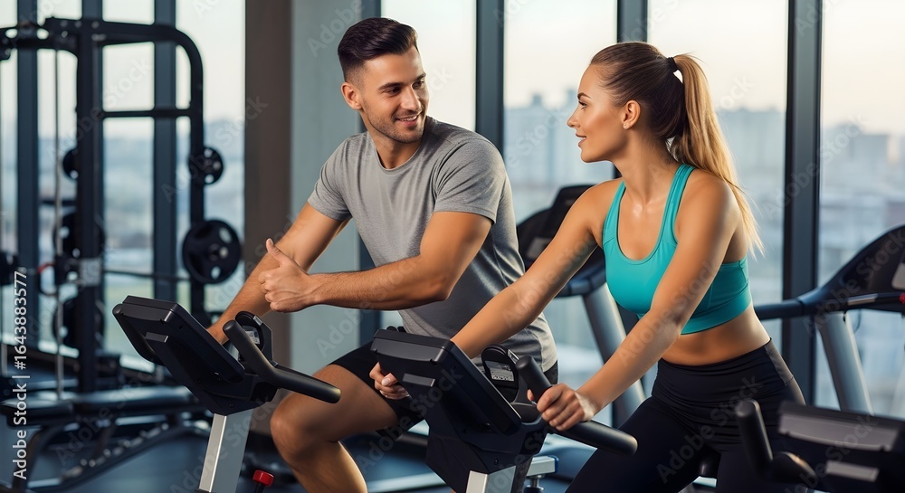 Fototapeta premium Fitness Couple Gym Workout Exercise Bikes
