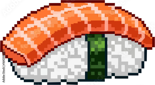 Pixelated illustration of a single piece of salmon nigiri sushi, a Japanese delicacy.