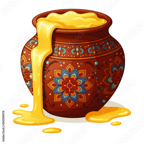 Illustration of a traditional Indian pot filled with golden liquid for Janmashtami, against a clean white background with vibrant colors.