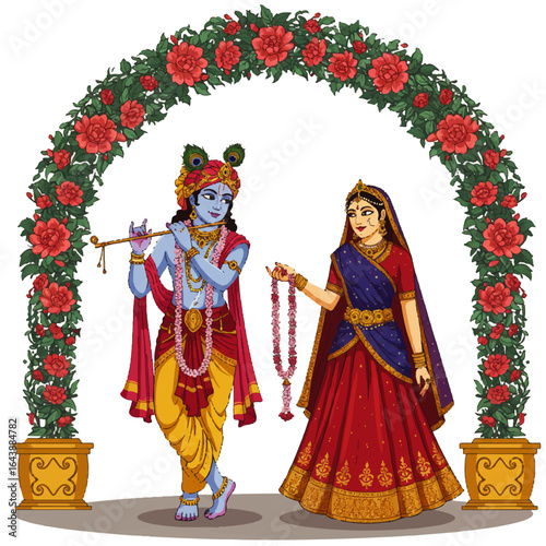 Illustration of Krishna and Radha standing under a floral archway celebrating Janmashtami with traditional Indian attire and joyful expressions.