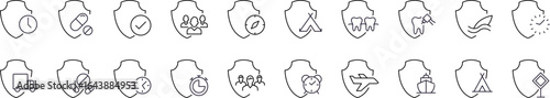 Line Icon Set of Shield. Contains Icons of People, Pills, Transport by Shield for Graphics, Concept, Apps