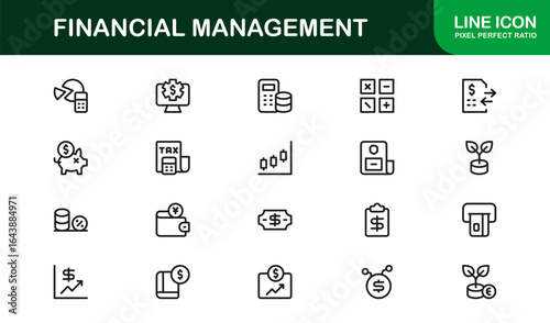Financial Management Professional Line Icon Set – Modern Minimal Banking Investment and Budget Vector Collection