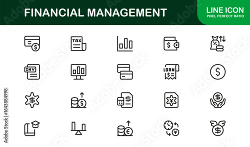 Financial Management Professional Line Icon Set – Modern Minimal Banking Investment and Budget Vector Collection