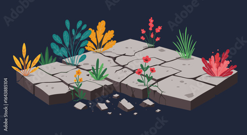 Small plants sprouting from the cracks of a crumbling stone wall.