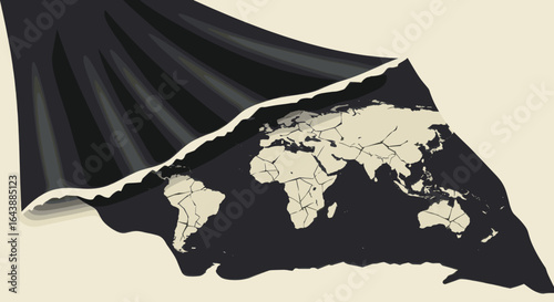 A world map partially revealed by pulling back a black curtain.