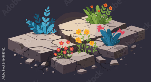 Small plants sprouting from the cracks of a crumbling stone wall.