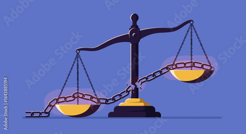 A scale of justice with a broken chain connecting the two pans.