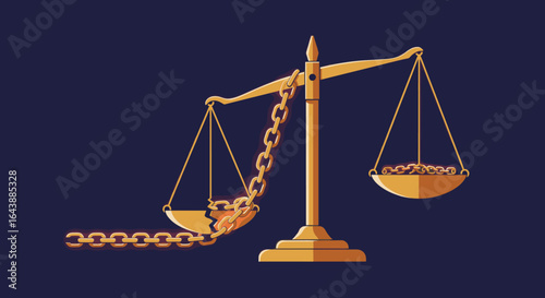A scale of justice with a broken chain connecting the two pans.