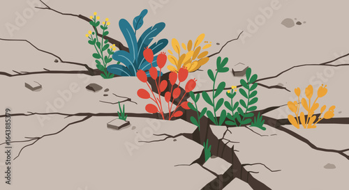 Small plants sprouting from the cracks of a crumbling stone wall.