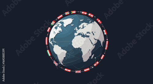 A globe surrounded by flags from different countries, symbolizing international unity.