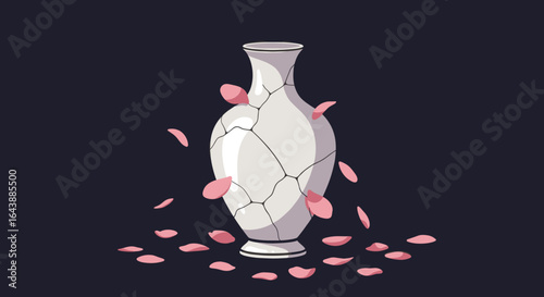 A cracked vase with flowers blooming from it.