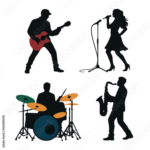 Vector art of silhouette illustration of a rock band performing with a guitarist, singer, drummer, and saxophonist, isolated on white background