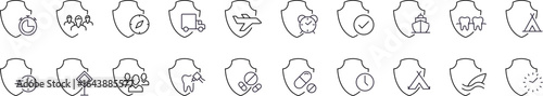 Shield Outline Simple Icons Bundle. Contains Icons of People, Pills, Transport by Shield for Graphics, Concept, Apps