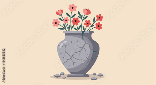 A cracked vase with flowers blooming from it.