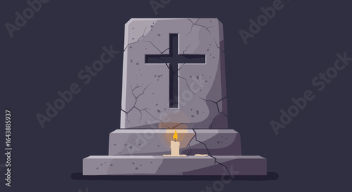 A lit candle beside broken glass pieces.