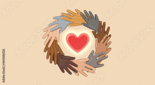 Multiple hands of different skin tones arranged in a circle around a glowing heart, symbolizing unity and love.