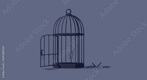An open birdcage with a broken perch, symbolizing freedom and escape.