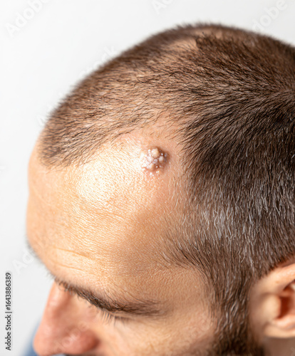Close-up of skin growth on shaved scalp near forehead.