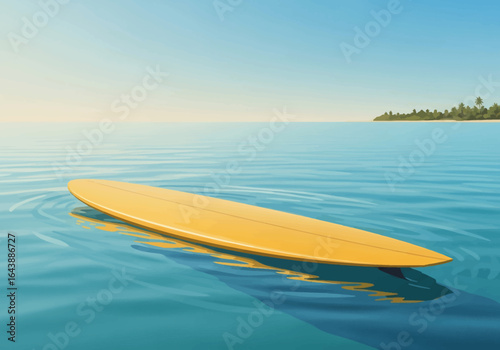 A vibrant yellow surfboard floats peacefully on a calm ocean surface near a tropical island.
