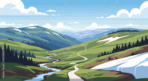 A winding path leads through a serene valley with rolling green hills, a meandering stream, and patches of lingering snow under a bright blue sky with scattered clouds.