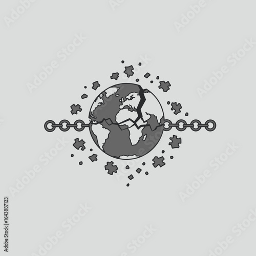 A chained Earth breaking free into puzzle pieces, symbolizing breaking global constraints.