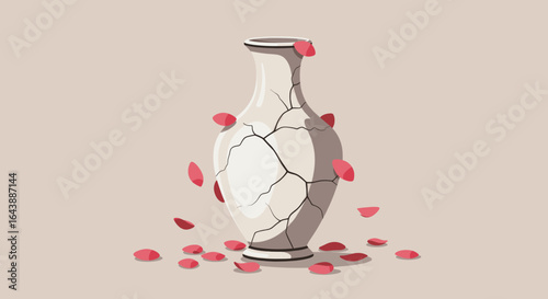 A cracked vase with flowers blooming from it.