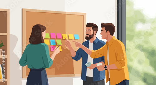 Three colleagues collaborating and brainstorming ideas, reviewing sticky notes on a corkboard.