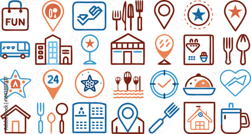 Diverse Set of Hand Drawn Icons for Travel Food and Location Services shopping bag location pin