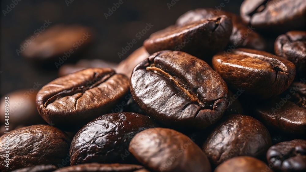 Naklejka premium Roasted Coffee Beans Close-Up: Aromatic Texture and Rich Brown Colors, Perfect for Coffee Lovers and Gourmet Food Concepts.