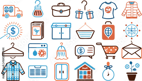 Hand Drawn Icons Representing Shopping Delivery Travel And Home Goods vector illustration