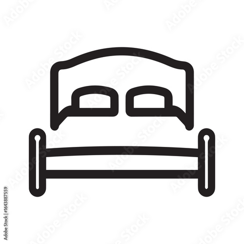 Vector art of outline icon of a bed with pillows and headboard, isolated on a white background, representing bedroom furniture, sleep, and home comfort