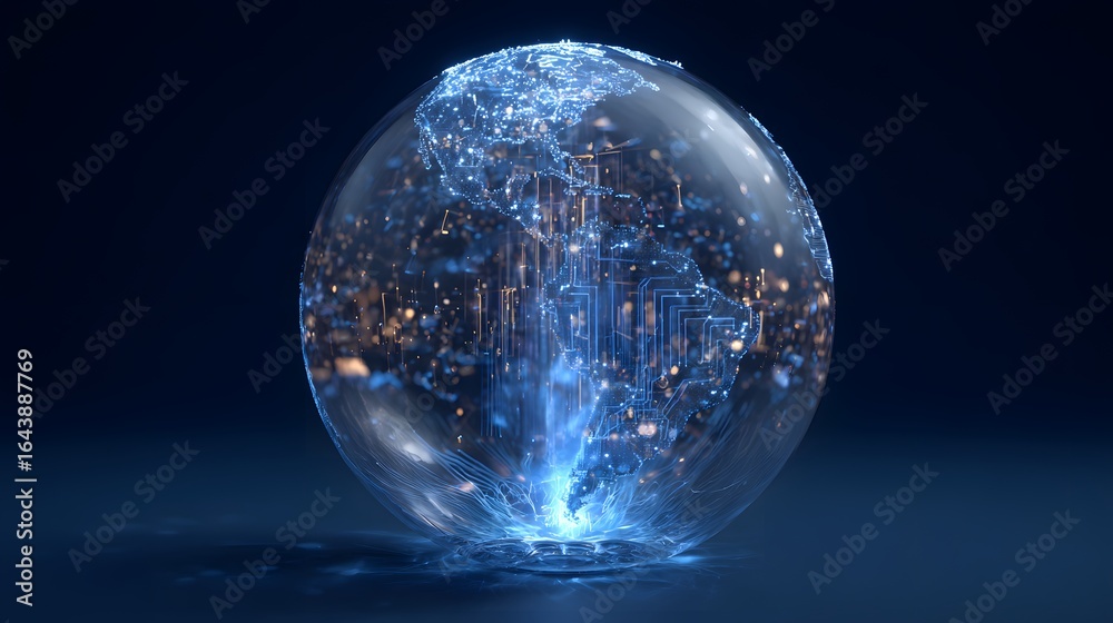 Naklejka premium Global network sphere with glowing digital map.