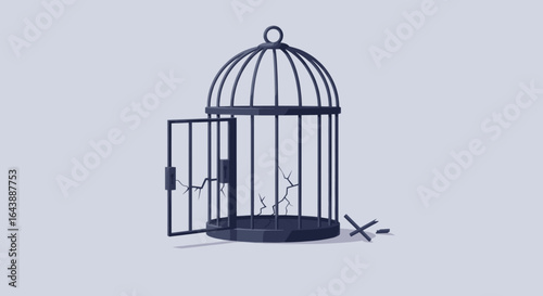 An open birdcage with a broken perch, symbolizing freedom and escape.
