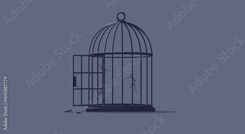 An open birdcage with a broken perch, symbolizing freedom and escape.