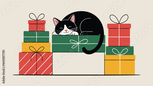 Cat Napping on Christmas Gifts Festive Purrfect Holiday Greeting Card Illustration