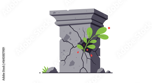 A cracked stone pillar with a small plant sprouting from it.