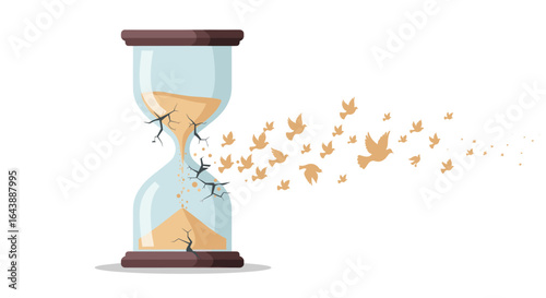 An hourglass with sand escaping through a crack, turning into birds flying away